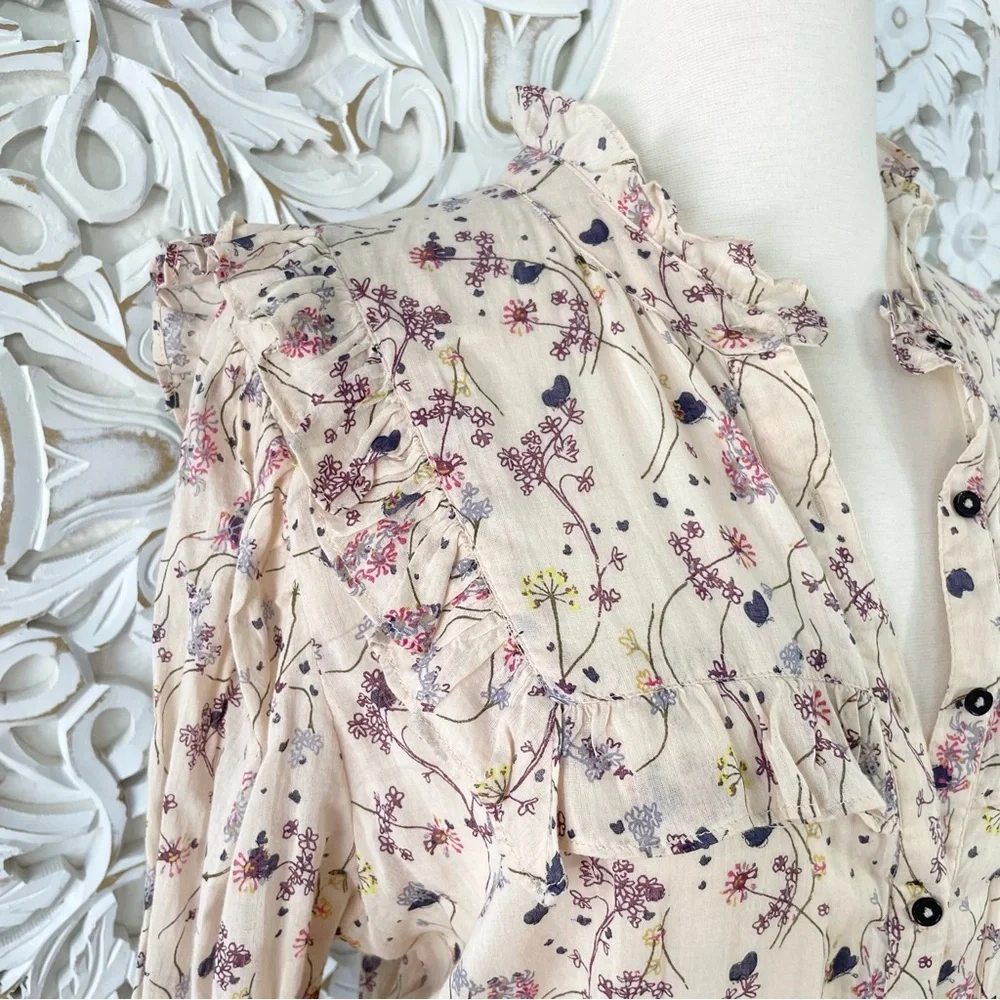 {BA&SH} Belle Pleated Ruffle Floral Cotton-Gauze Dress, Size L, NWT